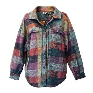 BiBi Plaid Shacket Oversized Button Front Jacket Cozy Boho Layer Size S